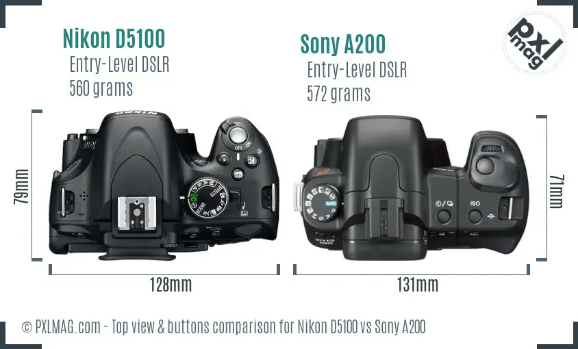 Nikon D5100 vs Sony A200 top view buttons comparison