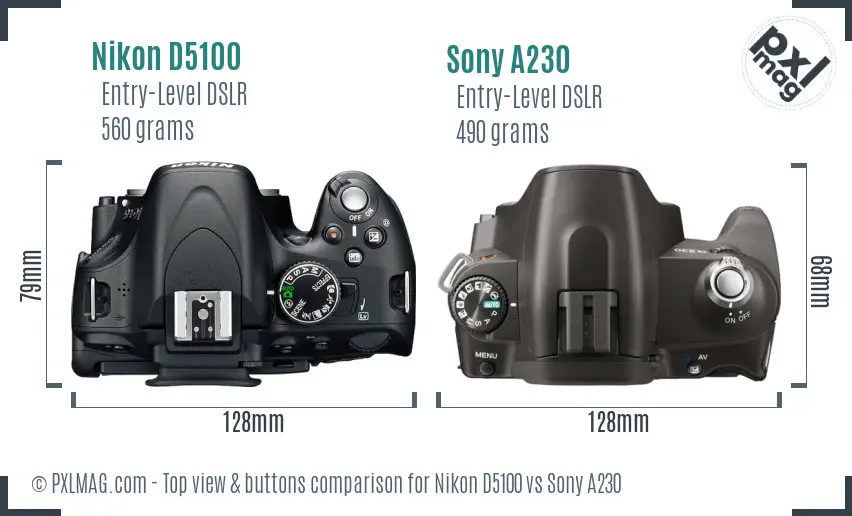 Nikon D5100 vs Sony A230 top view buttons comparison