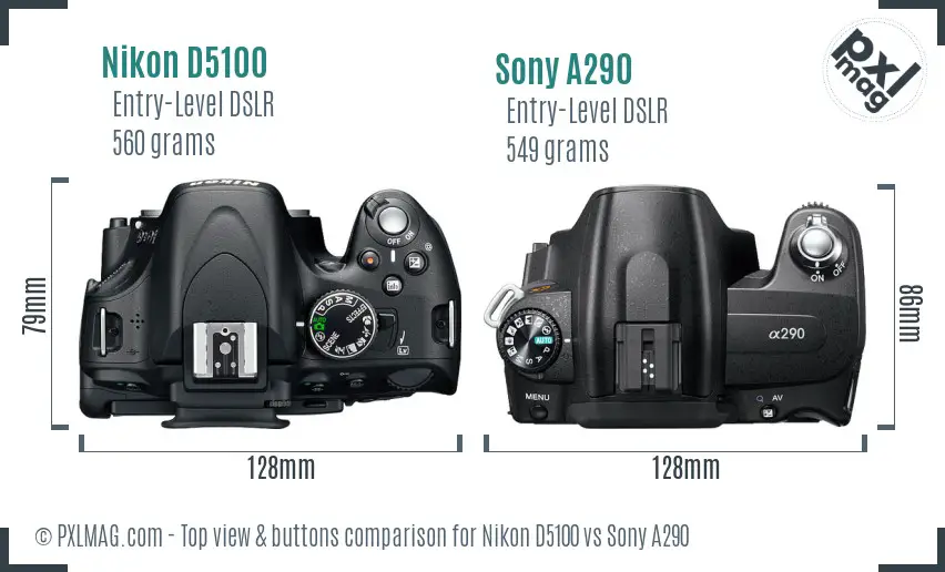 Nikon D5100 vs Sony A290 top view buttons comparison