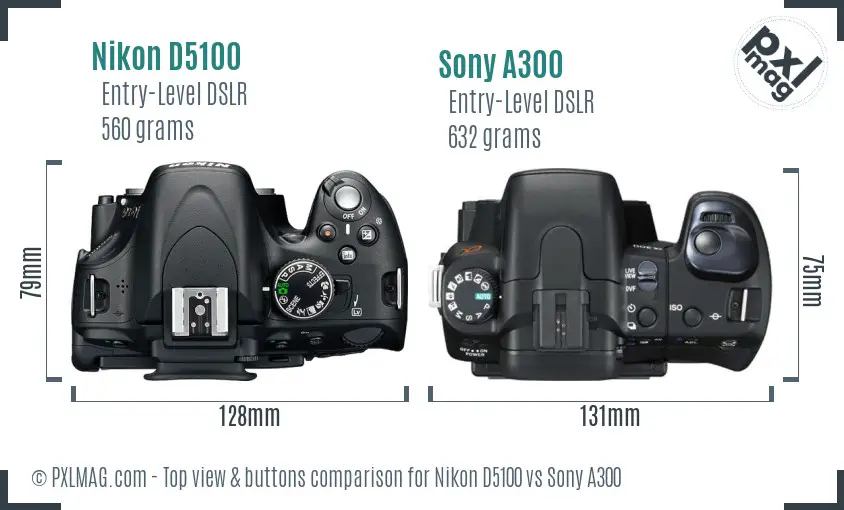 Nikon D5100 vs Sony A300 top view buttons comparison