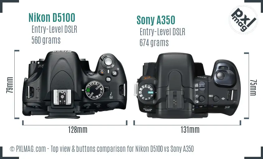 Nikon D5100 vs Sony A350 top view buttons comparison
