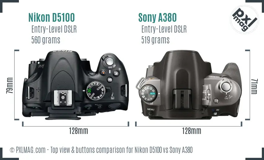 Nikon D5100 vs Sony A380 top view buttons comparison
