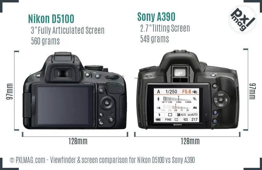 Nikon D5100 vs Sony A390 Screen and Viewfinder comparison