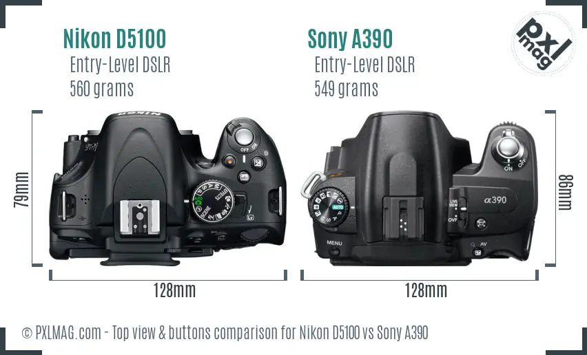 Nikon D5100 vs Sony A390 top view buttons comparison