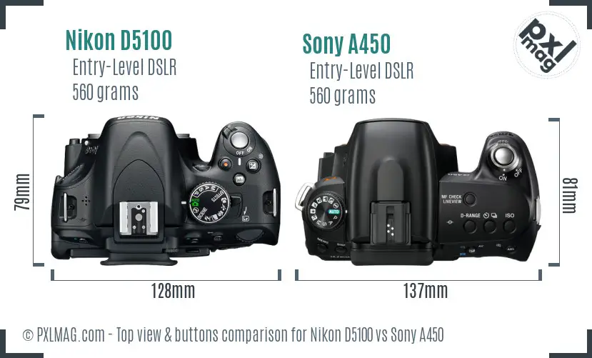 Nikon D5100 vs Sony A450 top view buttons comparison