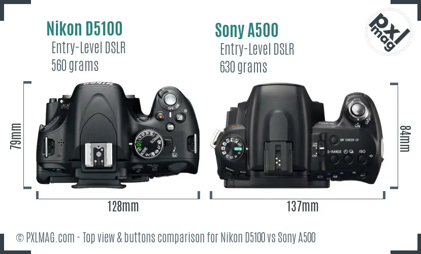 Nikon D5100 vs Sony A500 top view buttons comparison