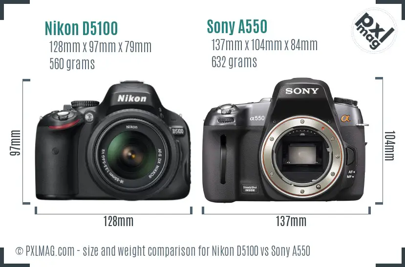 Nikon D5100 vs Sony A550 size comparison