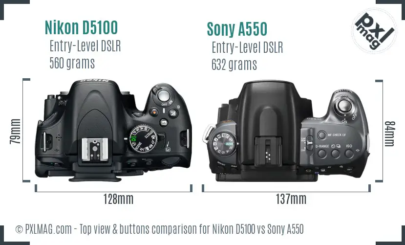 Nikon D5100 vs Sony A550 top view buttons comparison