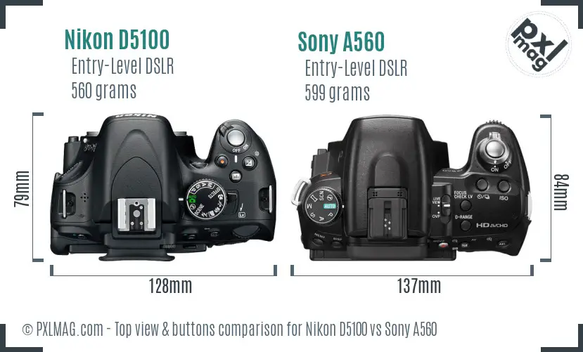 Nikon D5100 vs Sony A560 top view buttons comparison