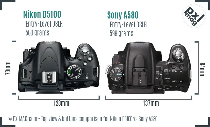 Nikon D5100 vs Sony A580 top view buttons comparison