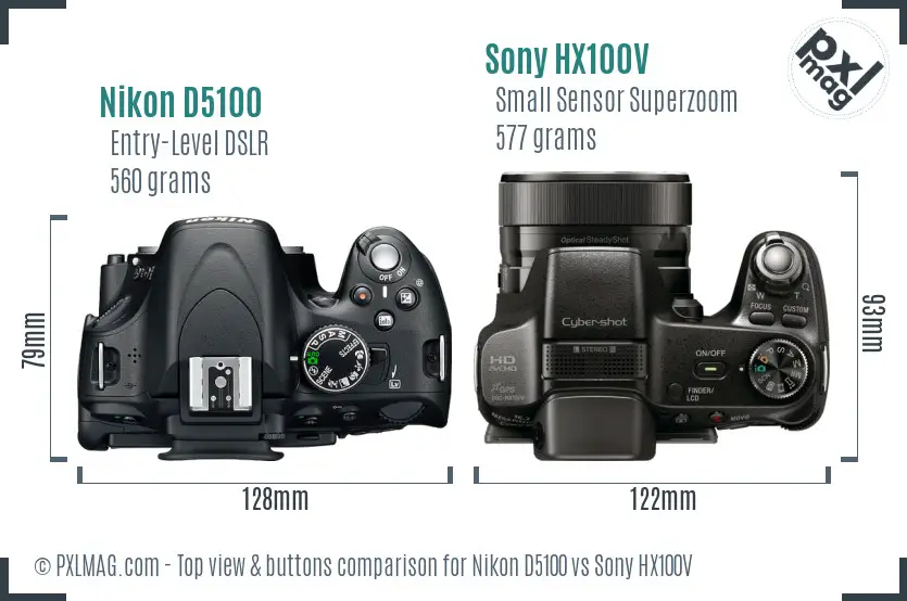 Nikon D5100 vs Sony HX100V top view buttons comparison Nikon D5100 vs Sony HX100V top view buttons comparison