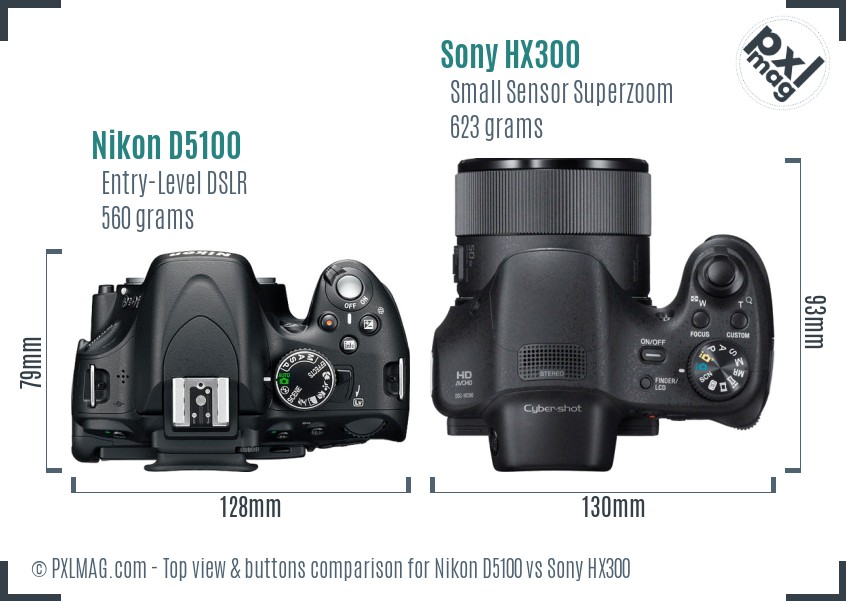 Nikon D5100 vs Sony HX300 top view buttons comparison