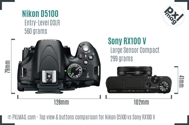 Nikon D5100 vs Sony RX100 V top view buttons comparison