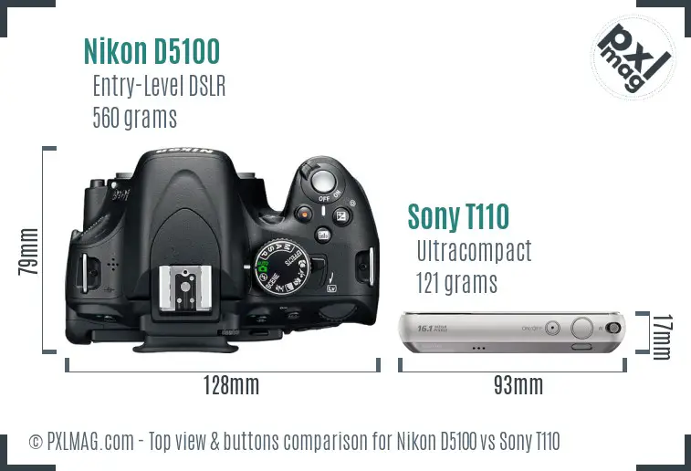 Nikon D5100 vs Sony T110 top view buttons comparison