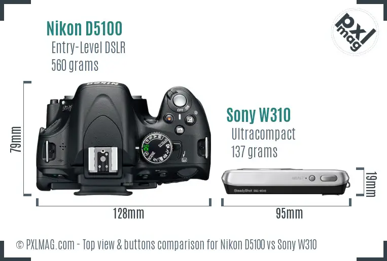 Nikon D5100 vs Sony W310 top view buttons comparison