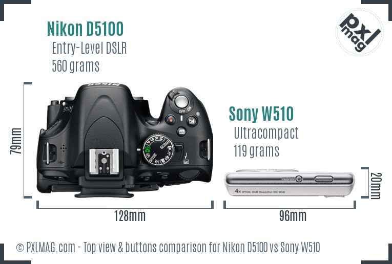 Nikon D5100 vs Sony W510 top view buttons comparison