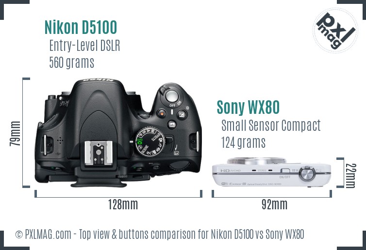 Nikon D5100 vs Sony WX80 top view buttons comparison