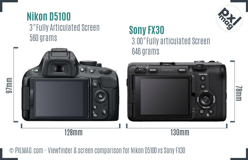 Nikon D5100 vs Sony FX30 Screen and Viewfinder comparison