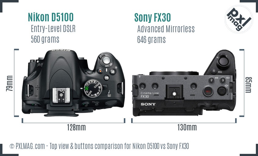 Nikon D5100 vs Sony FX30 top view buttons comparison