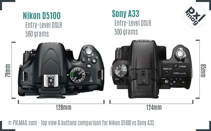 Nikon D5100 vs Sony A33 top view buttons comparison