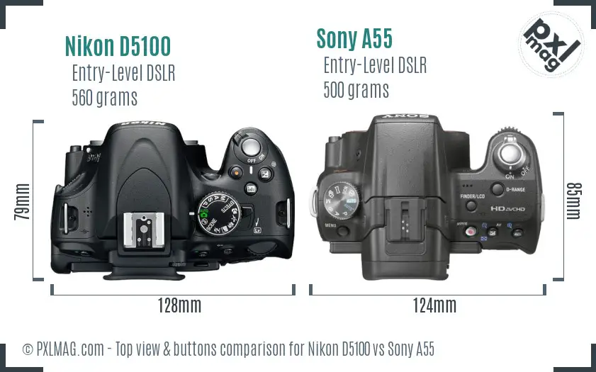 Nikon D5100 vs Sony A55 top view buttons comparison