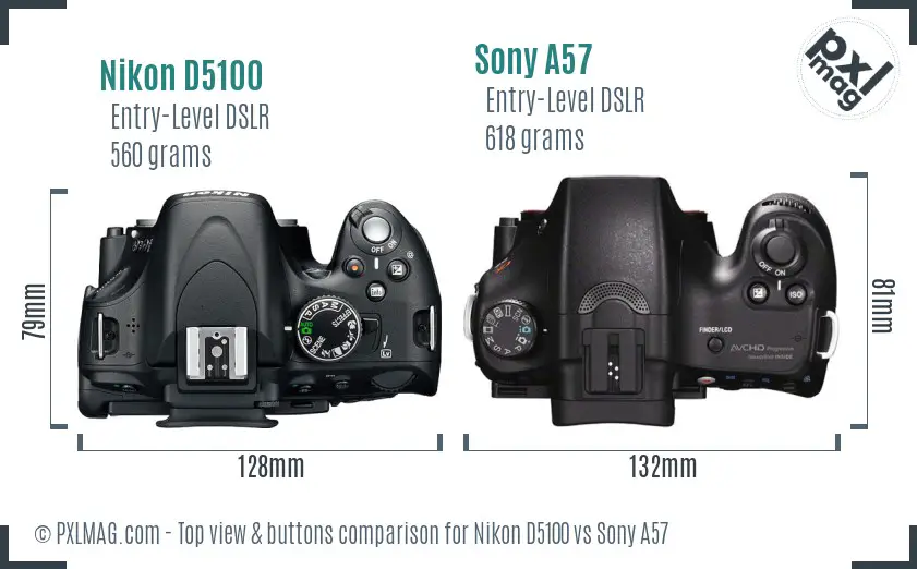 Nikon D5100 vs Sony A57 top view buttons comparison