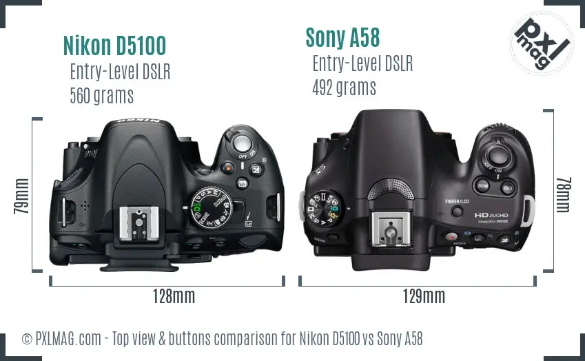 Nikon D5100 vs Sony A58 top view buttons comparison