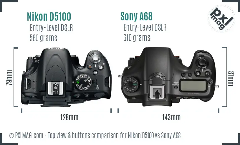 Nikon D5100 vs Sony A68 top view buttons comparison