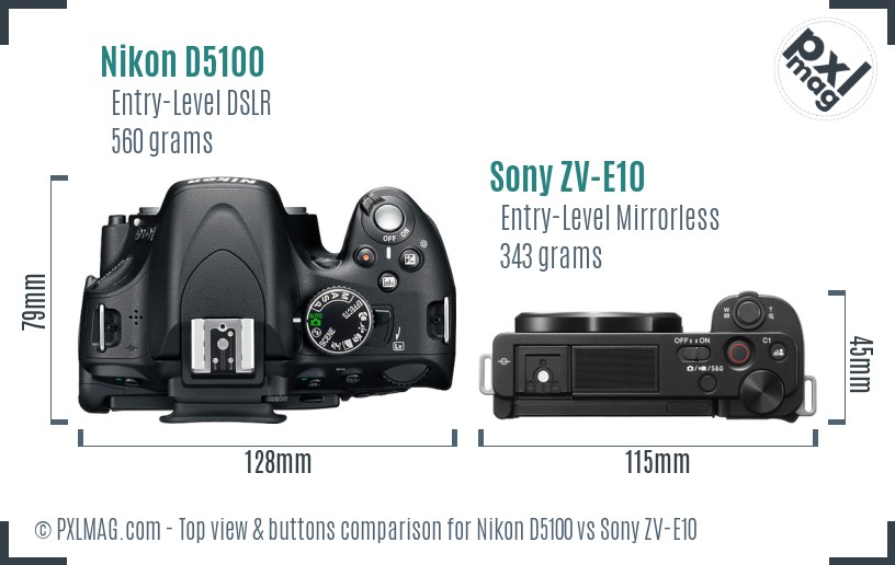 Nikon D5100 vs Sony ZV-E10 top view buttons comparison