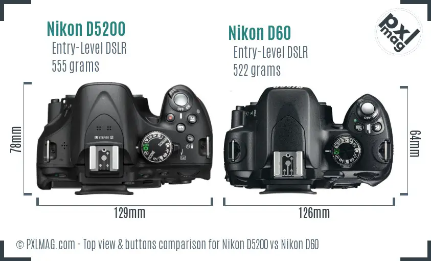 Nikon D5200 vs Nikon D60 top view buttons comparison