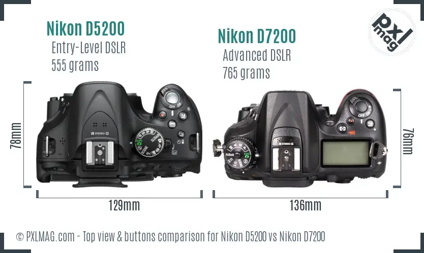Nikon D5200 vs Nikon D7200 top view buttons comparison