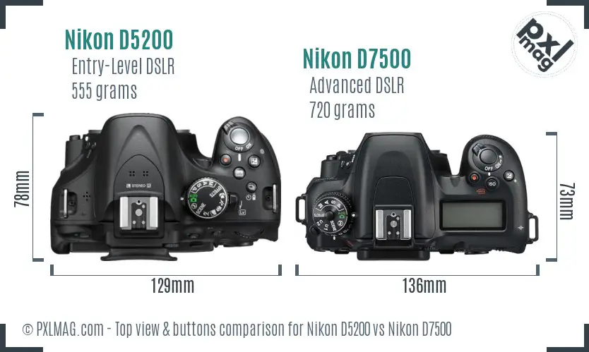 Nikon D5200 vs Nikon D7500 top view buttons comparison