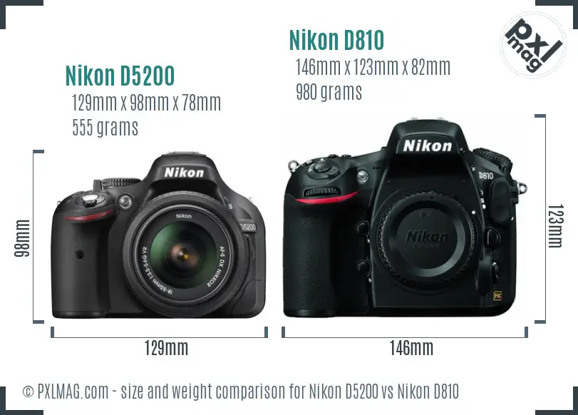 Nikon D5200 vs Nikon D810 size comparison