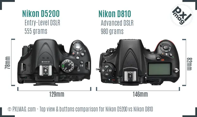Nikon D5200 vs Nikon D810 top view buttons comparison