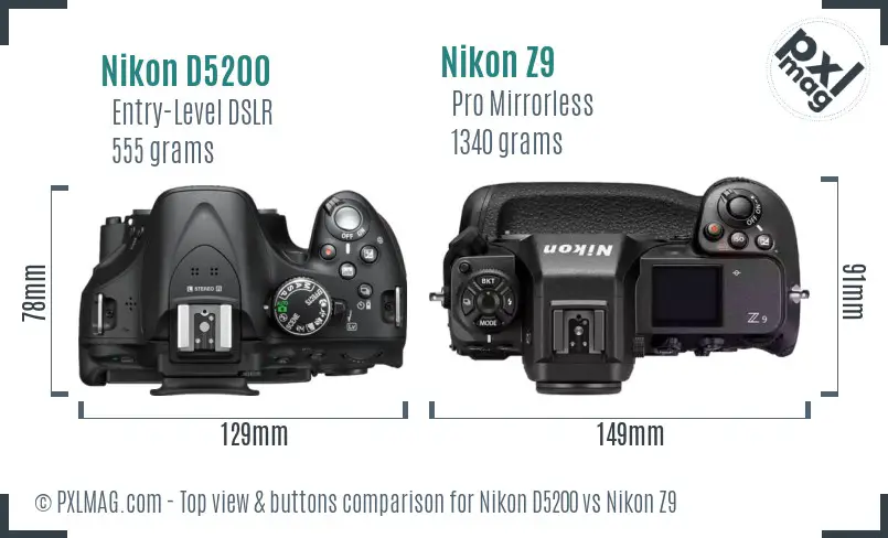 Nikon D5200 vs Nikon Z9 top view buttons comparison