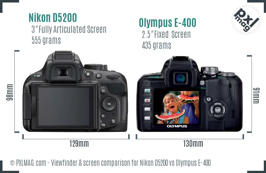 Nikon D5200 vs Olympus E-400 Screen and Viewfinder comparison