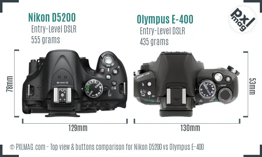 Nikon D5200 vs Olympus E-400 top view buttons comparison