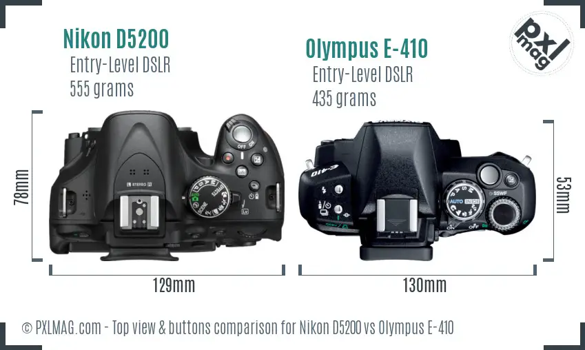 Nikon D5200 vs Olympus E-410 top view buttons comparison