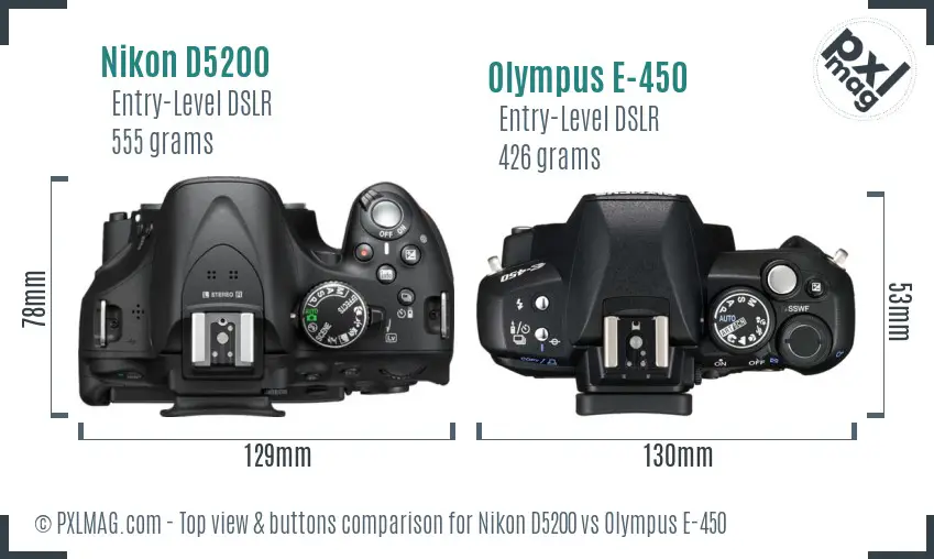 Nikon D5200 vs Olympus E-450 top view buttons comparison