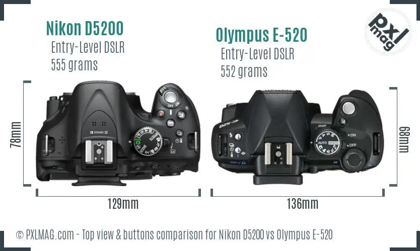 Nikon D5200 vs Olympus E-520 top view buttons comparison