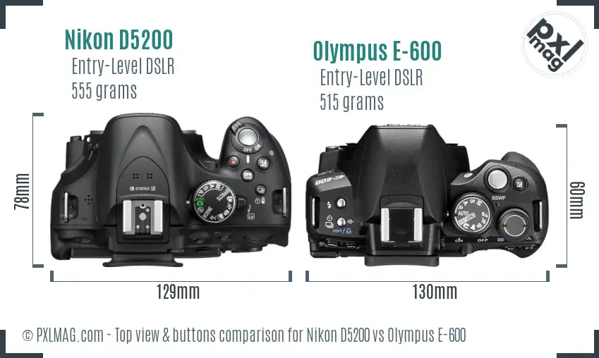 Nikon D5200 vs Olympus E-600 top view buttons comparison