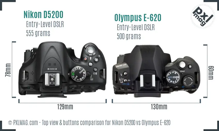 Nikon D5200 vs Olympus E-620 top view buttons comparison