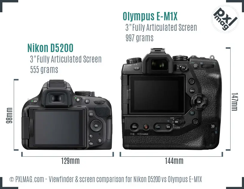 Nikon D5200 vs Olympus E-M1X Screen and Viewfinder comparison