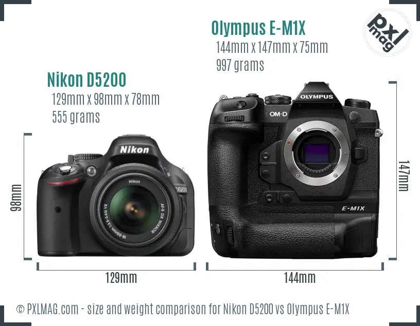 Nikon D5200 vs Olympus E-M1X size comparison