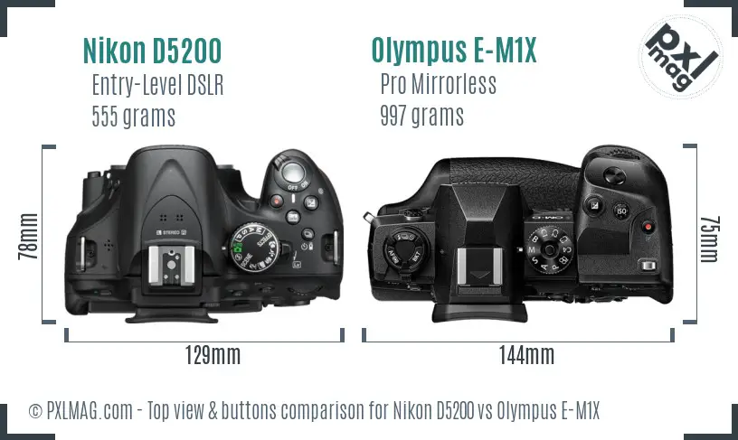 Nikon D5200 vs Olympus E-M1X top view buttons comparison