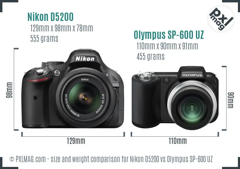 Nikon D5200 vs Olympus SP-600 UZ size comparison