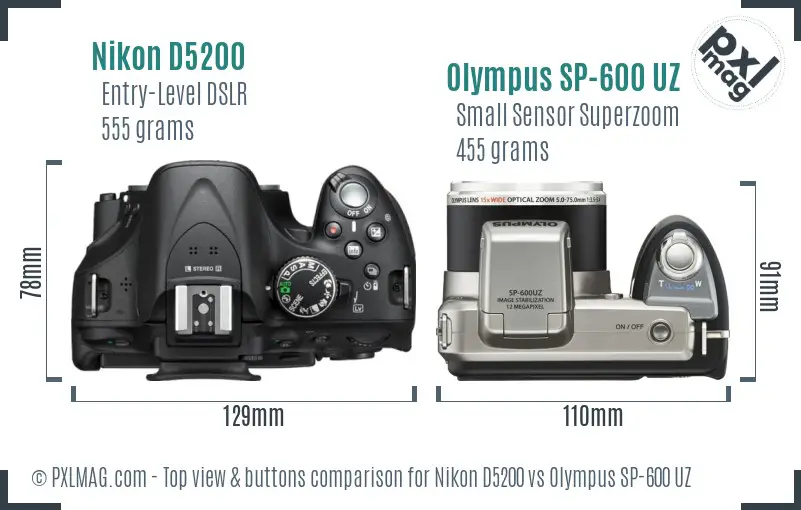 Nikon D5200 vs Olympus SP-600 UZ top view buttons comparison