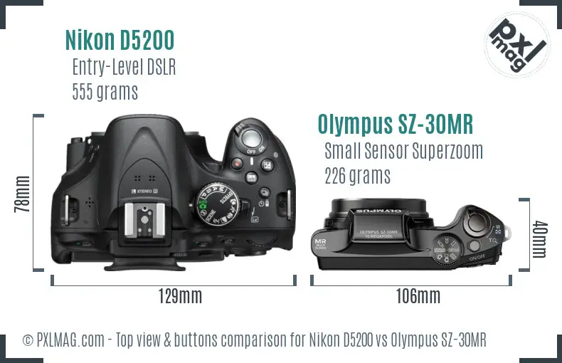 Nikon D5200 vs Olympus SZ-30MR top view buttons comparison