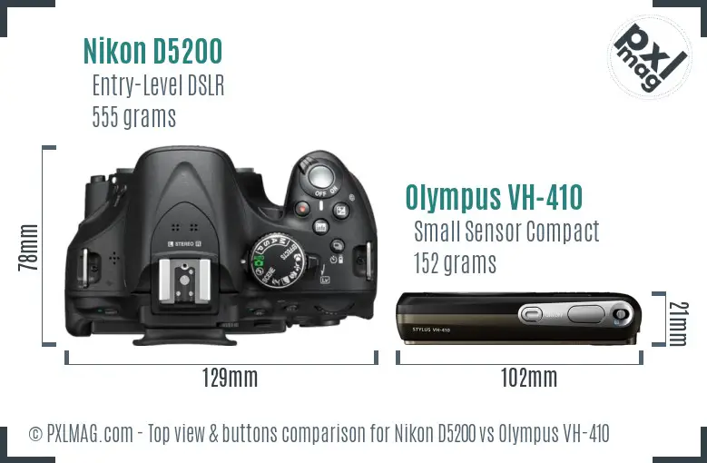 Nikon D5200 vs Olympus VH-410 top view buttons comparison