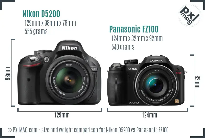 Nikon D5200 vs Panasonic FZ100 size comparison